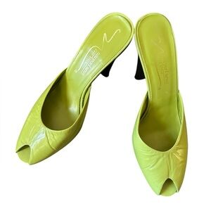 Newport News Chartreuse Lime Avocado Leather Peep-Toe Mule Vintage Style